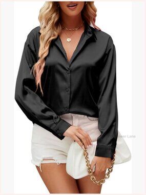 Satin Silk Button Down Shirt Long Sleeve Blouse Women